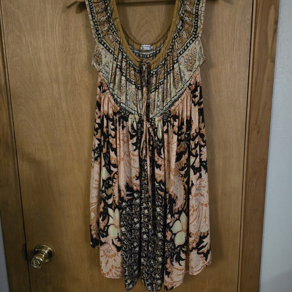Free People Bali Mariposa Mini Slip Dress Tunic XL Floral Brown Combo EUC - Picture 2 of 5